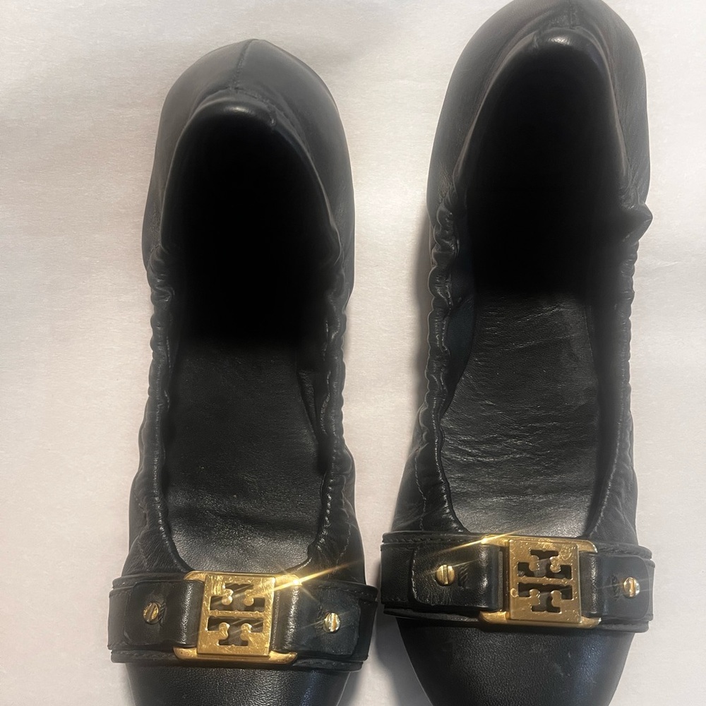 Tory Burch Black Leather Ballet Flats with Gold Accents